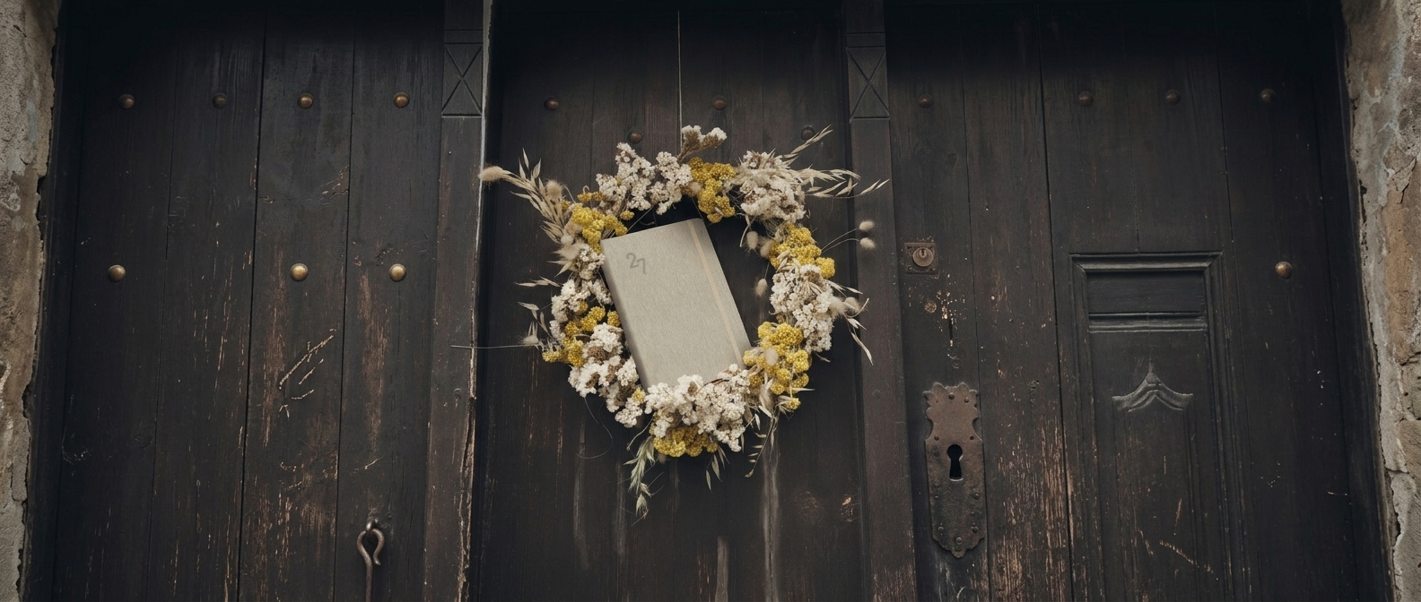 Adorations diary inside a wreath hanging from a door